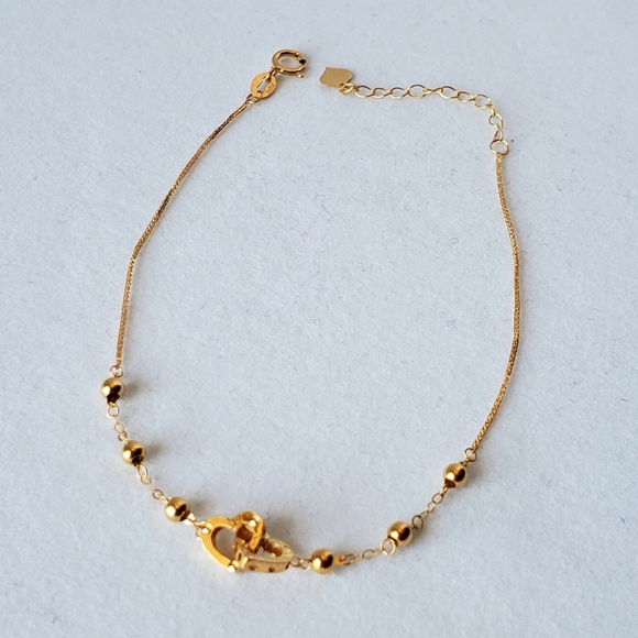 Authentic Real 18k Solid Yellow Gold Double Heart Beaded Bracelet - Picture 3 of 10
